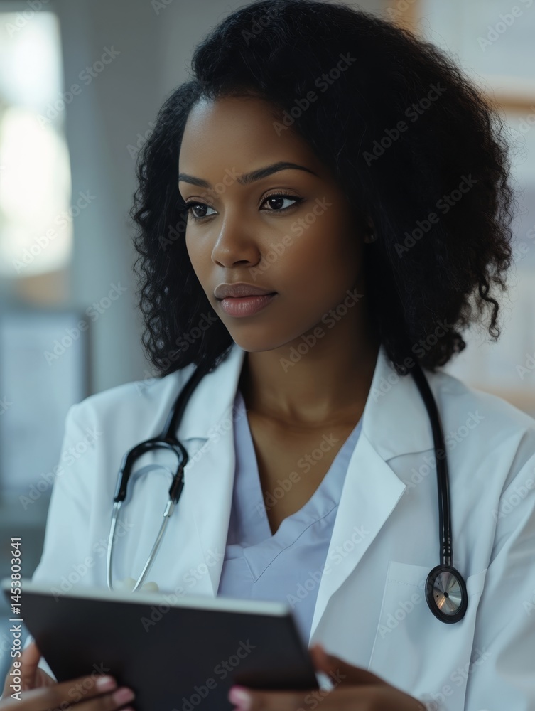 A young woman doctor, wearing a stethoscope and holding a tablet computer while sitting at a desk in her office, examining patient information for diagnosis.