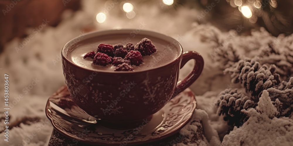 Cup of hot chocolate with red berries, perfect for a winter evening or holiday breakfast.