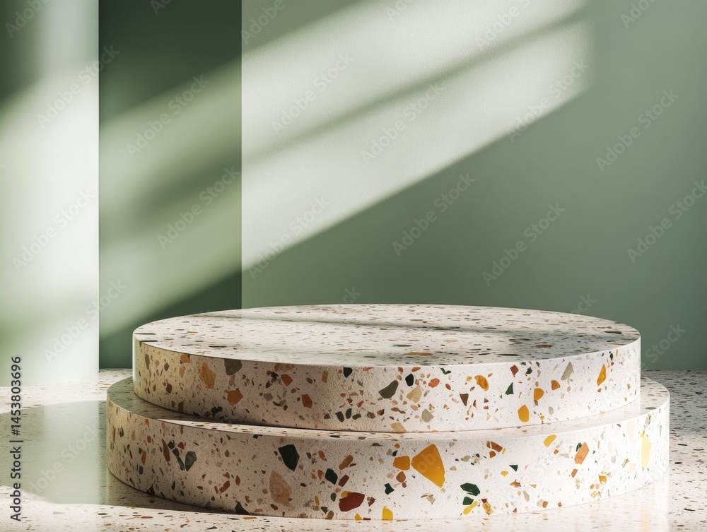 A unique and modern table made of marble with a mix of yellow, orange, green, blue, red and brown hues. Circular top with smooth surface.