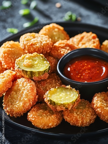 A plate of fried pickles and a dipping sauce. The pickles are small and crispy, and the sauce is red. The plate is black and the background is dark