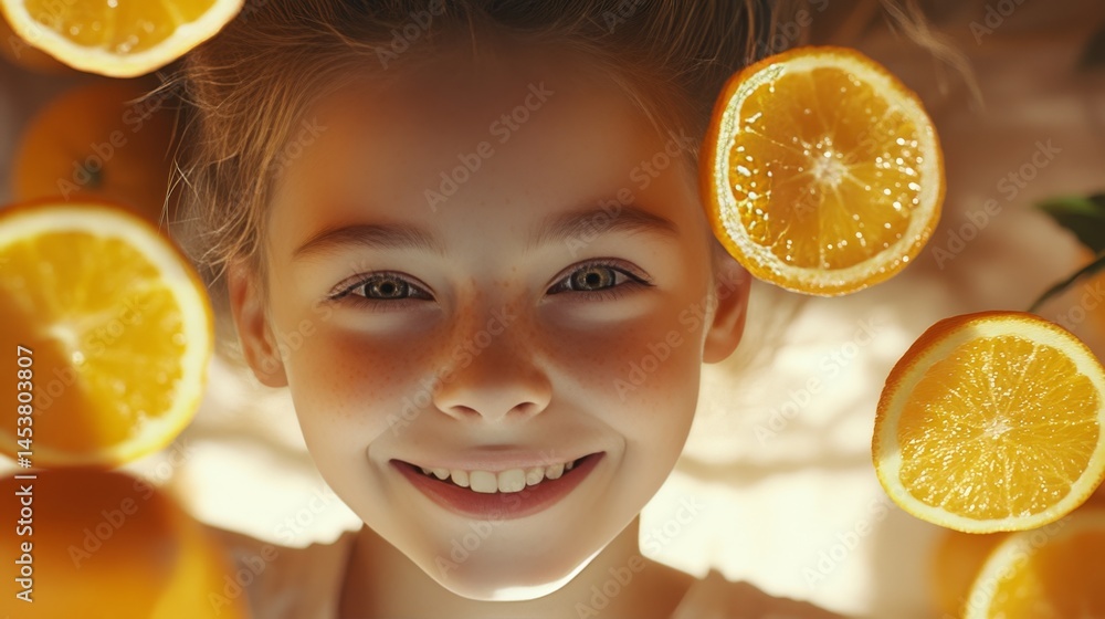Smiling girl surrounded by oranges.