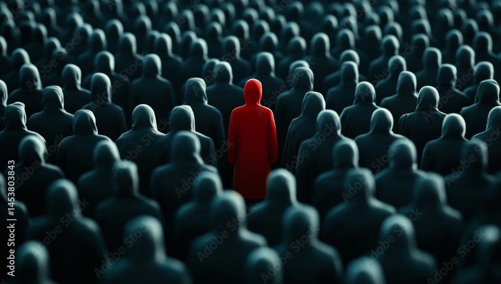 Obraz premium Lone Red Figure Standing Out in Crowd