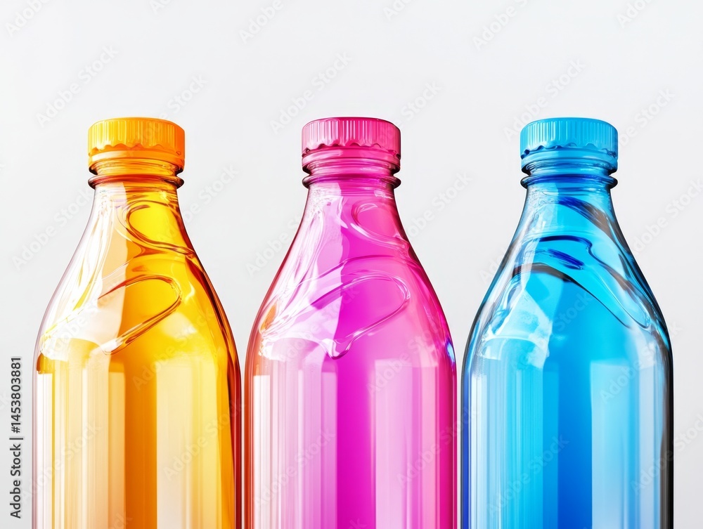 Three plastic bottles with different colored caps, each containing a clear liquid. Variety of colors and shapes for marketing or product display purposes.