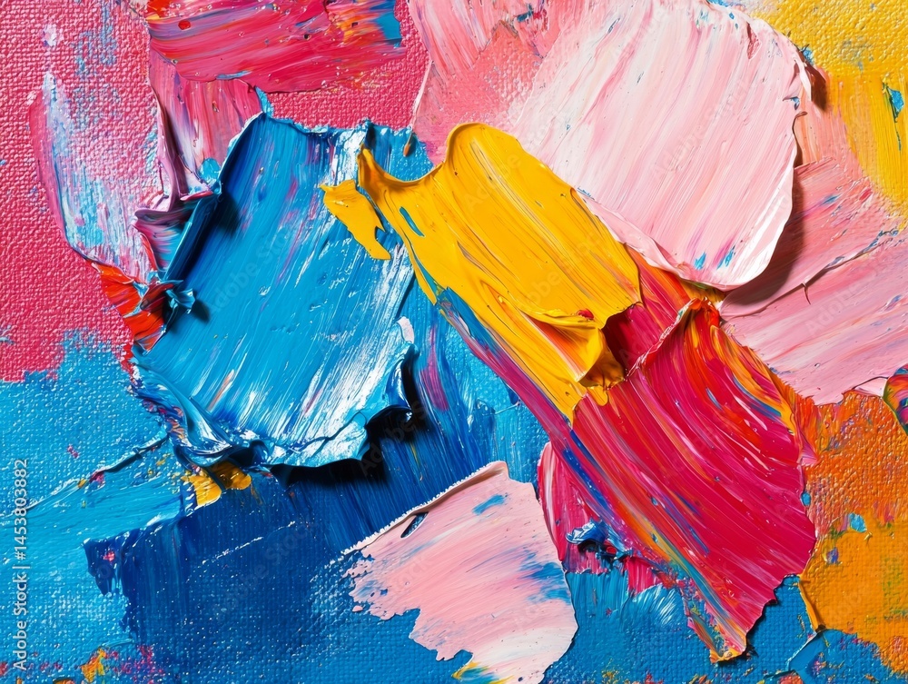 An abstract painting with bright and bold colors, showcasing the artistic expression of paint splatters on canvas.