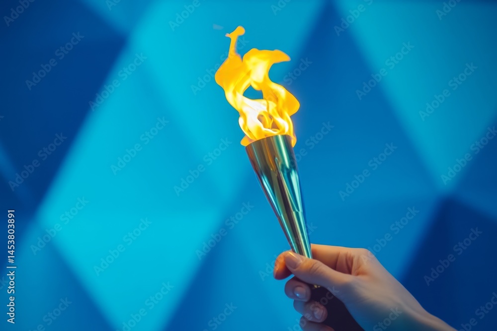 Hand holding flaming torch with fire and glowing embers.