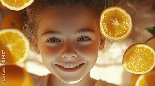 Obraz na płótnie Smiling girl surrounded by oranges. w salonie