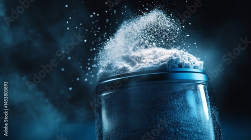 Obraz na płótnie Blue can of powder with substance spilling out, on a cloudy background that may suggest research or industrial science. w salonie