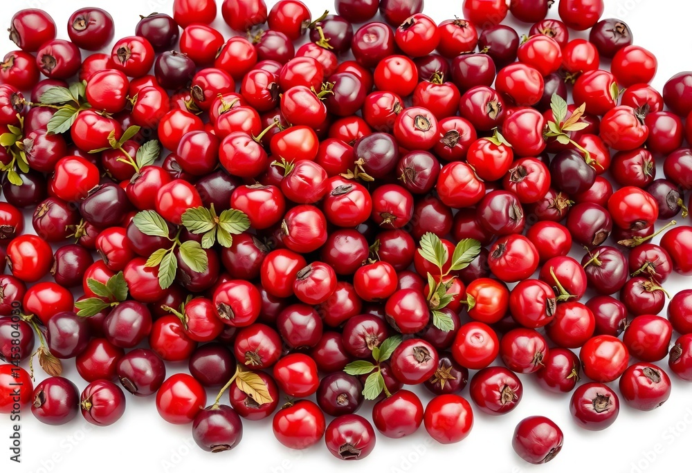 A generous pile of vibrant red cranberries isolated on white, closeup, white A generous pile of vibrant red cranberries isolated on white, closeup, white