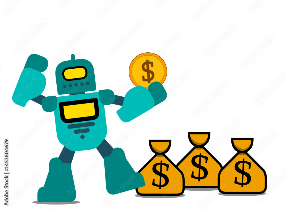 Teal robot cartoon character vector design holding dollar symbol coin money illustrating about smart investment and Financial Gain or Automated Wealth Management Teal robot cartoon character vector design holding dollar symbol coin money illustrating about smart investment and Financial Gain or Automated Wealth Management