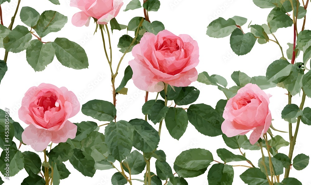 Fototapeta premium Pink roses growing from the ground, green leaves, white background, vintage wallpaper pattern, Generative AI