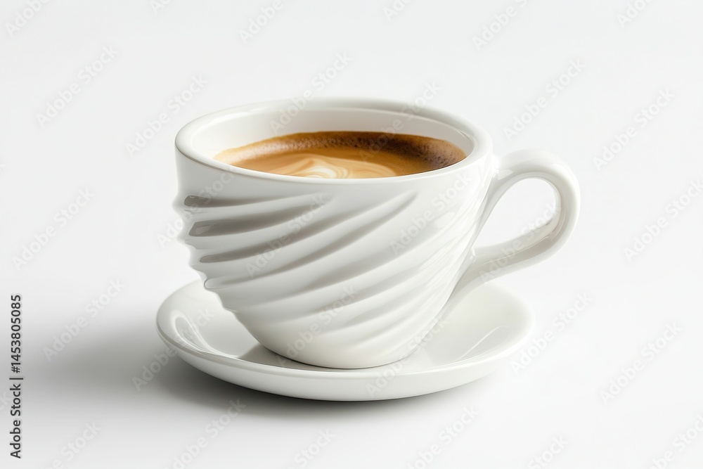 A white coffee cup with a swirl pattern sits on a white saucer. , isolated on white background. A white coffee cup with a swirl pattern sits on a white saucer. , isolated on white background.