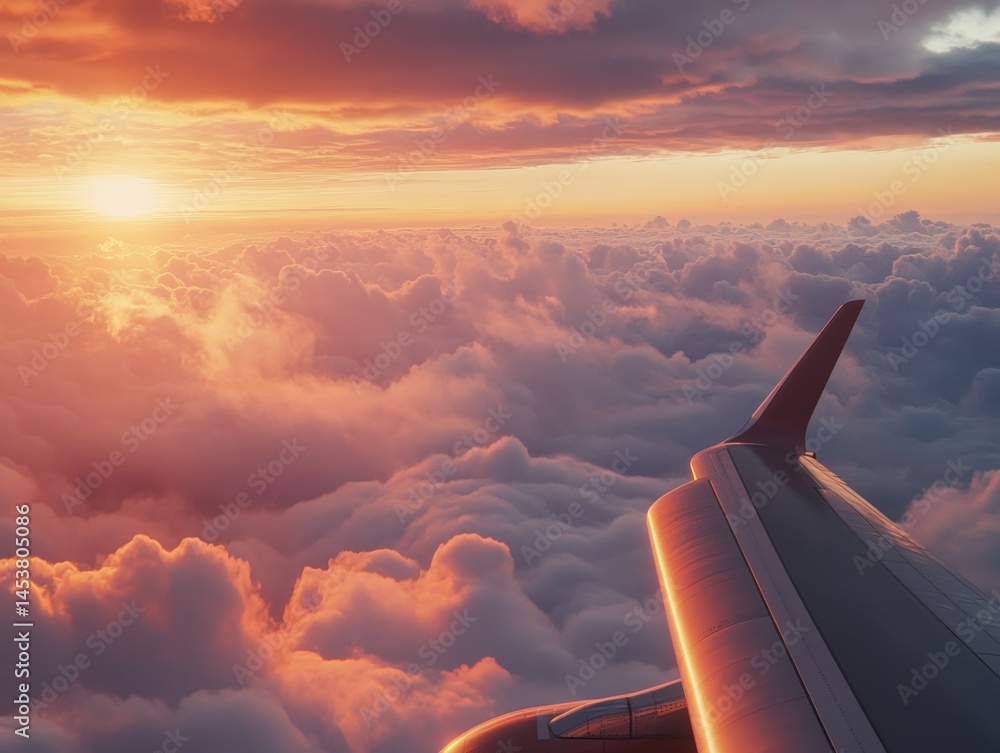 Aerial view of an airplane ascending into the sky during sunset, with clouds and a beautiful horizon.