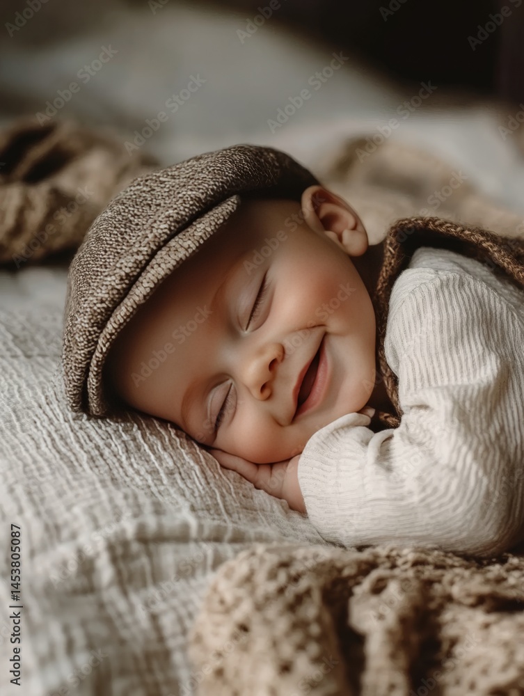 A joyful baby boy in a cute outfit, peacefully sleeping on a soft blanket with a cozy bedspread. Happy and content smile showing the innocence of childhood.