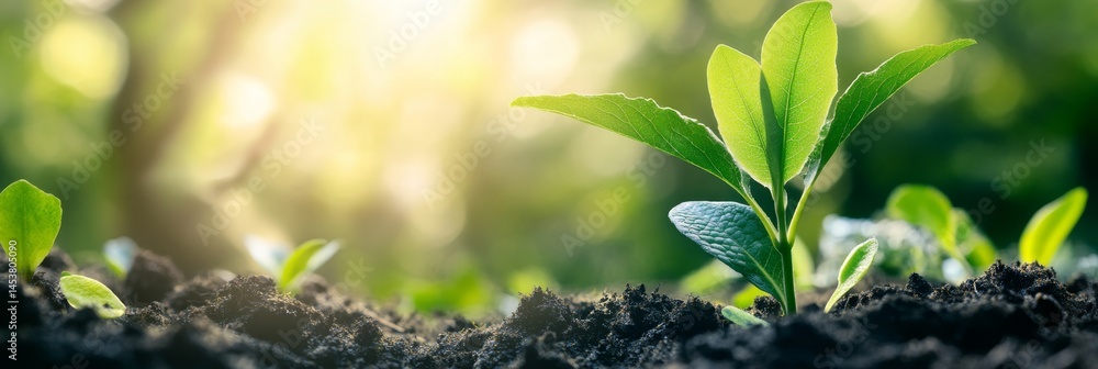 A young plant growing in a garden, with sunlight illuminating it from above.