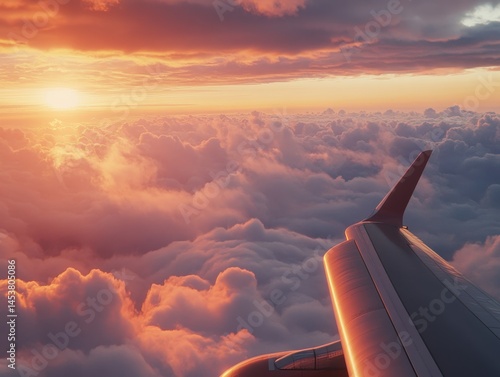 Obraz na płótnie Aerial view of an airplane ascending into the sky during sunset, with clouds and a beautiful horizon. w salonie