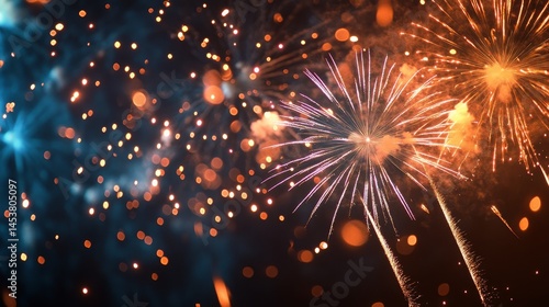 Obraz na płótnie A display of fireworks exploding in various colors against a dark background, creating a bright and lively atmosphere often associated with celebrations. w salonie