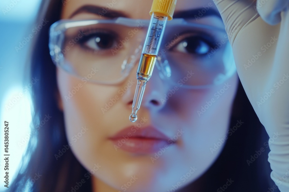 Woman wearing safety goggles and a lab coat, examining test results under a microscope.