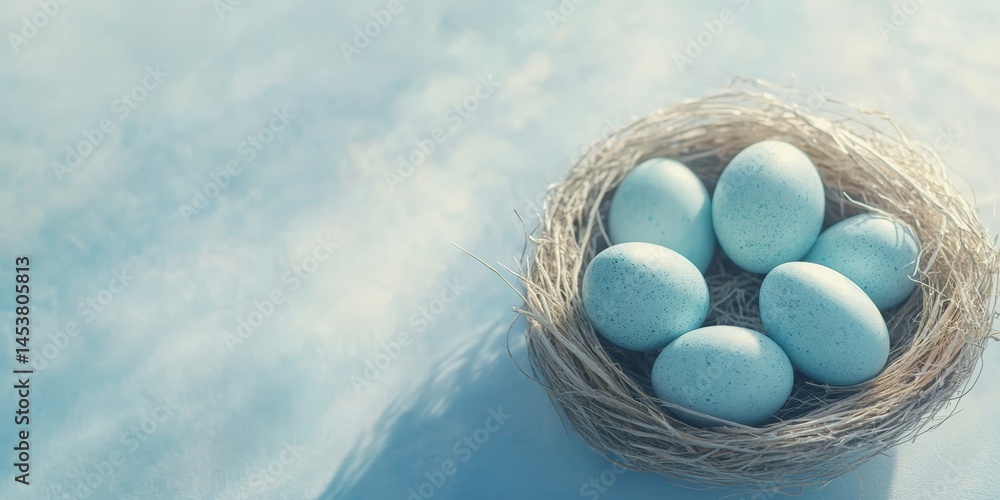 Decorative nest with three blue eggs