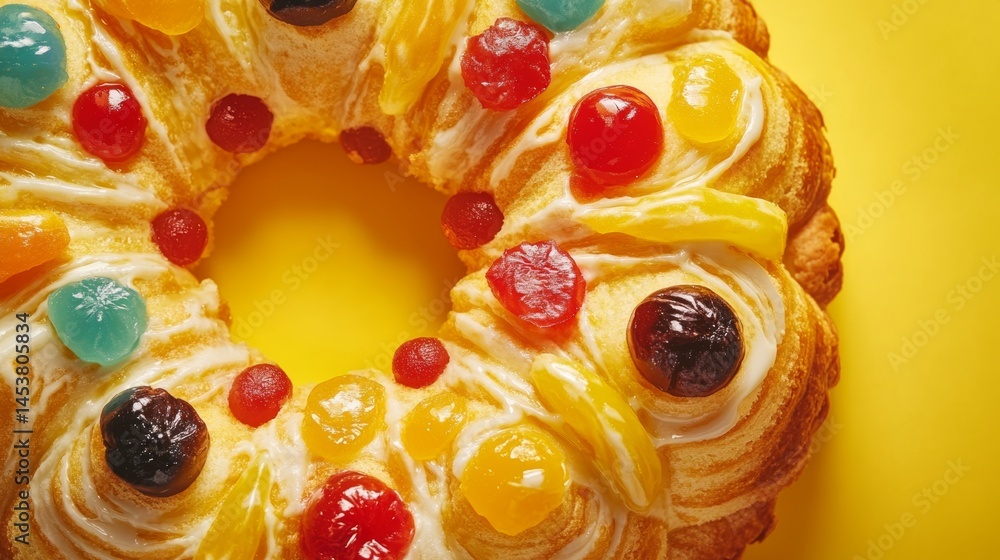 A vibrant and delicious holiday-themed pastry with a ring shape, covered in sugar and decorated with colorful candies.