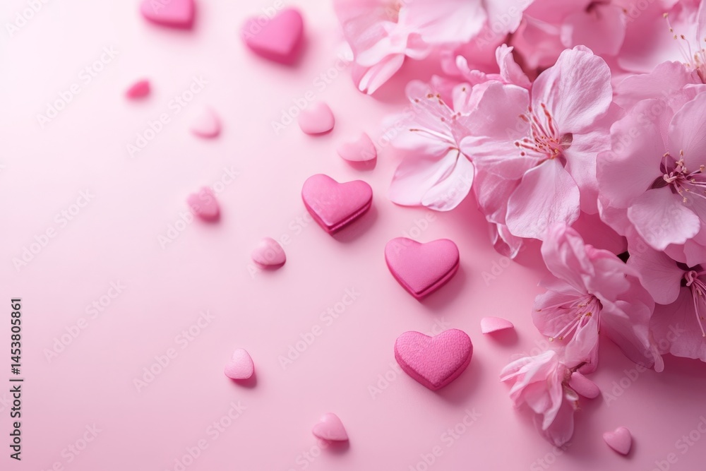 Vibrant pink cherry blossoms with heart-shaped confetti floating on top, creating a romantic or celebratory atmosphere.