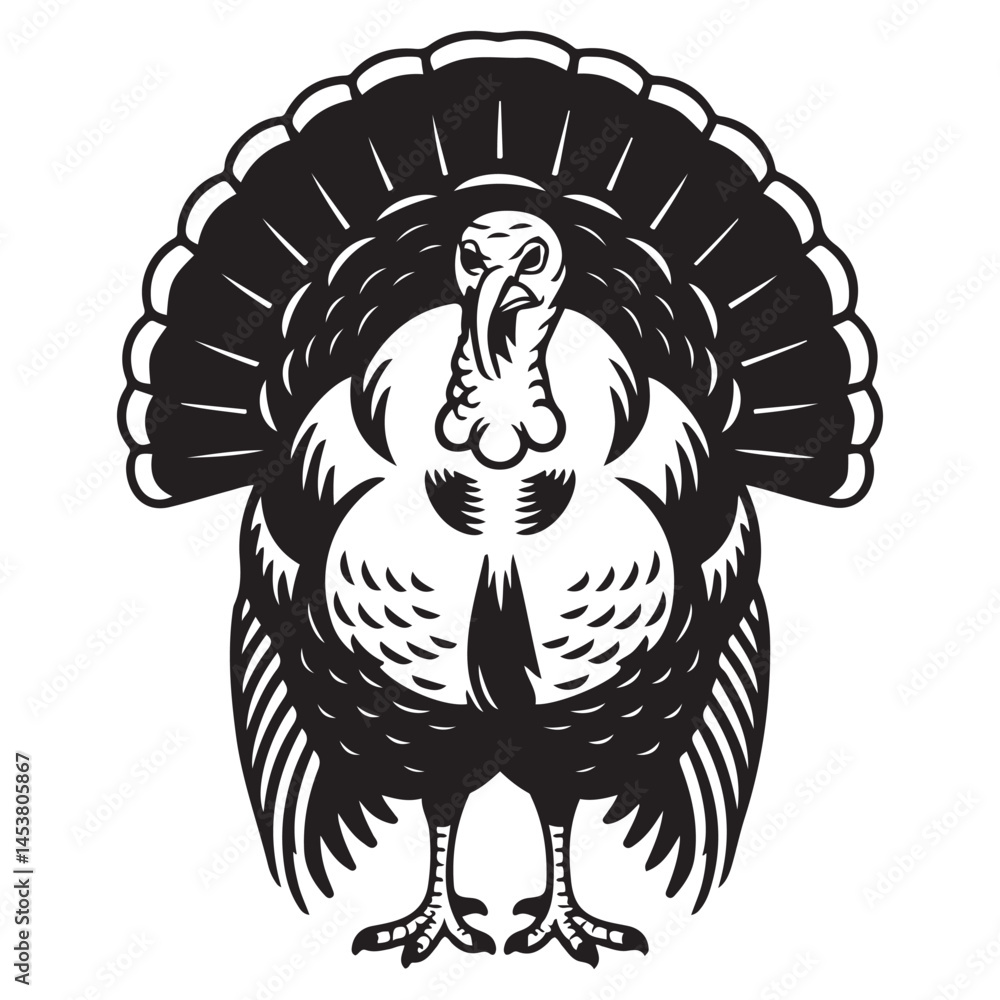 Obraz premium Turkey male silhouette front view. Farm animal icon Vector Black silhouettes. with white background