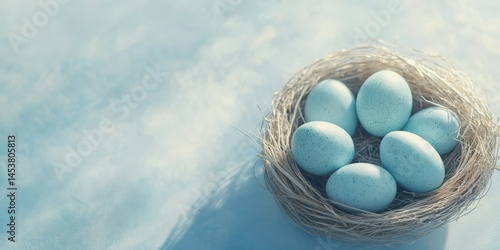 Obraz na płótnie Decorative nest with three blue eggs w salonie