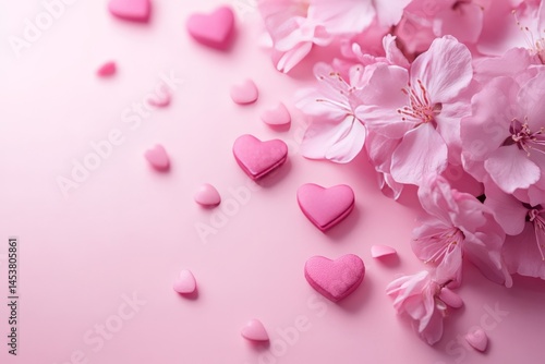 Obraz na płótnie Vibrant pink cherry blossoms with heart-shaped confetti floating on top, creating a romantic or celebratory atmosphere. w salonie