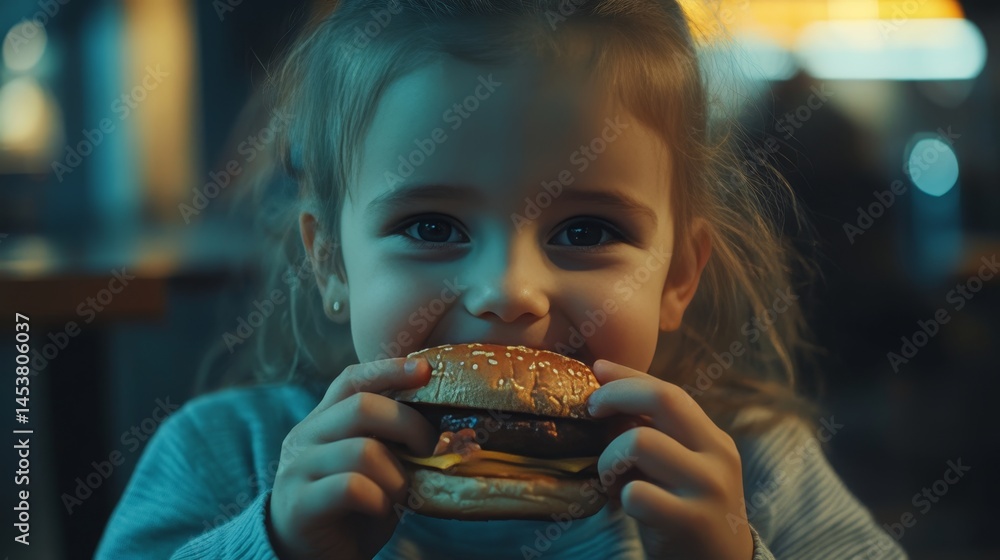 The image shows a young girl happily enjoying her meal, holding a hamburger and having a delightful smile on her face.