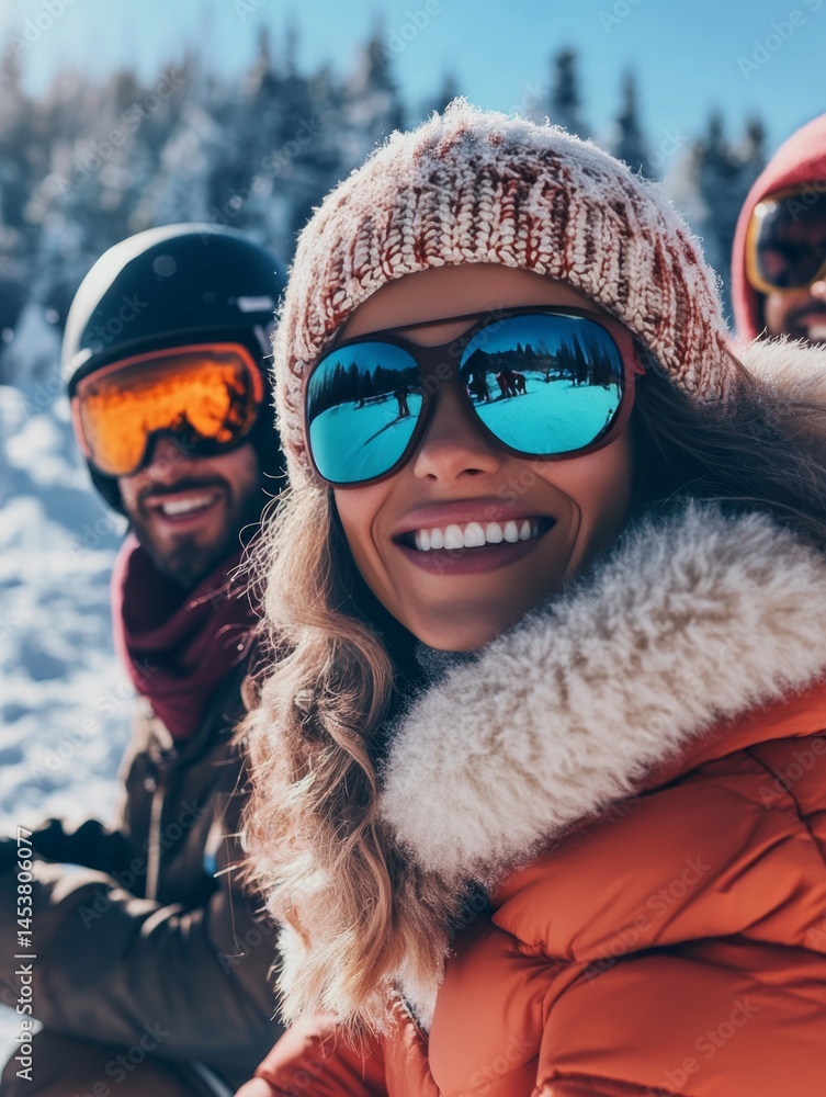 Smiling man and woman in ski gear on a mountain top with trees, blue sky and sunshine.