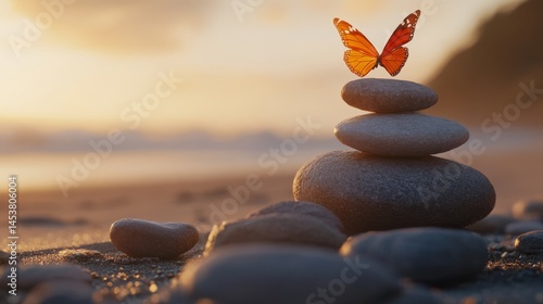 Obraz na płótnie A butterfly is perched on top of a stack of rocks on a beach. The scene is serene and peaceful, with the butterfly representing freedom and the rocks symbolizing stability and strength w salonie