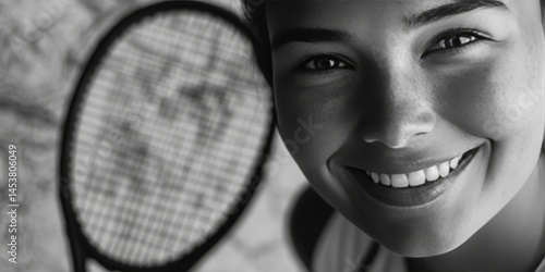 Obraz na płótnie A happy female tennis player smiling at the camera while holding her racket. She is outdoors and appears to be enjoying the sport. w salonie