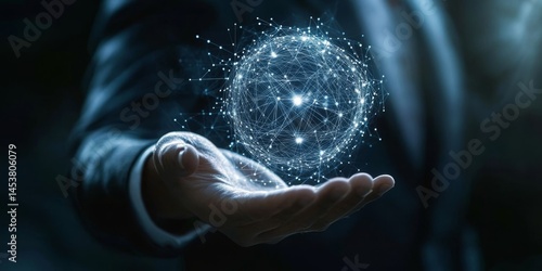 Obraz na płótnie A human hand reaching for a stylized globe with glowing nodes connected by lines of light, symbolizing global connectivity and advanced technological integration. w salonie