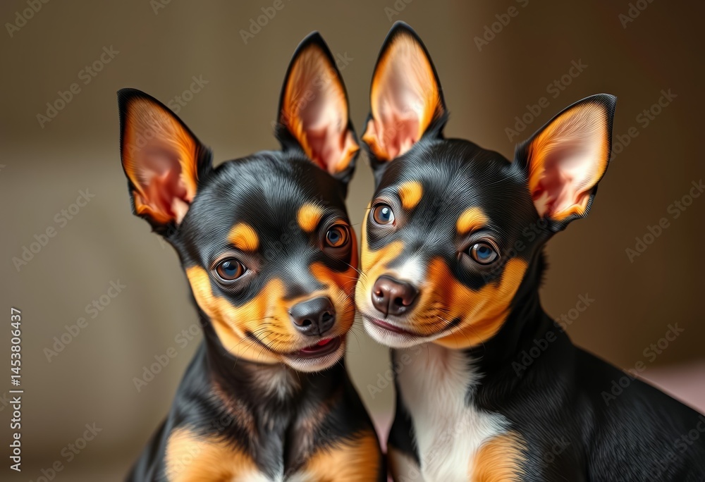 Two miniature pinschers cuddling, playful interaction, animal, animals Two miniature pinschers cuddling, playful interaction, animal, animals