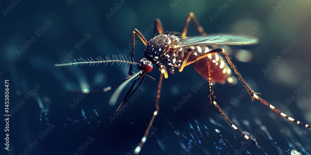 Mosquito resting on a wet surface, droplets around it. Water droplet reflection suggests the background is dark.