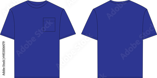 Plain Blue T-Shirt with Chest Pocket | Technical Fashion Illustration | Flat Apparel Template CAD | Front and Back Views