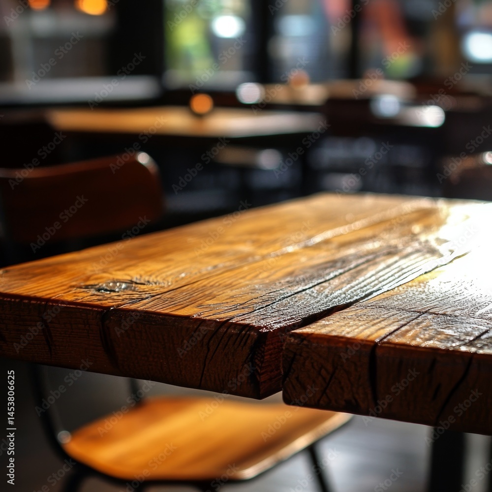 A wooden table with a chair in front of it. The table is empty and the chair is empty