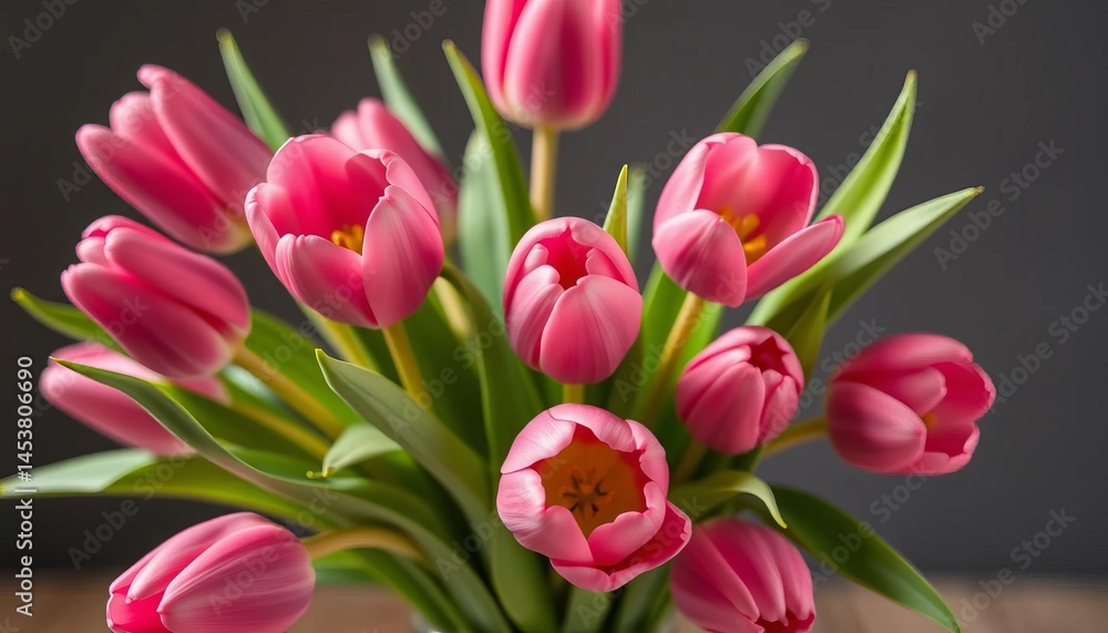 Naklejka premium Pink terry tulips bouquet, green leaves, glass vase, stock, spring