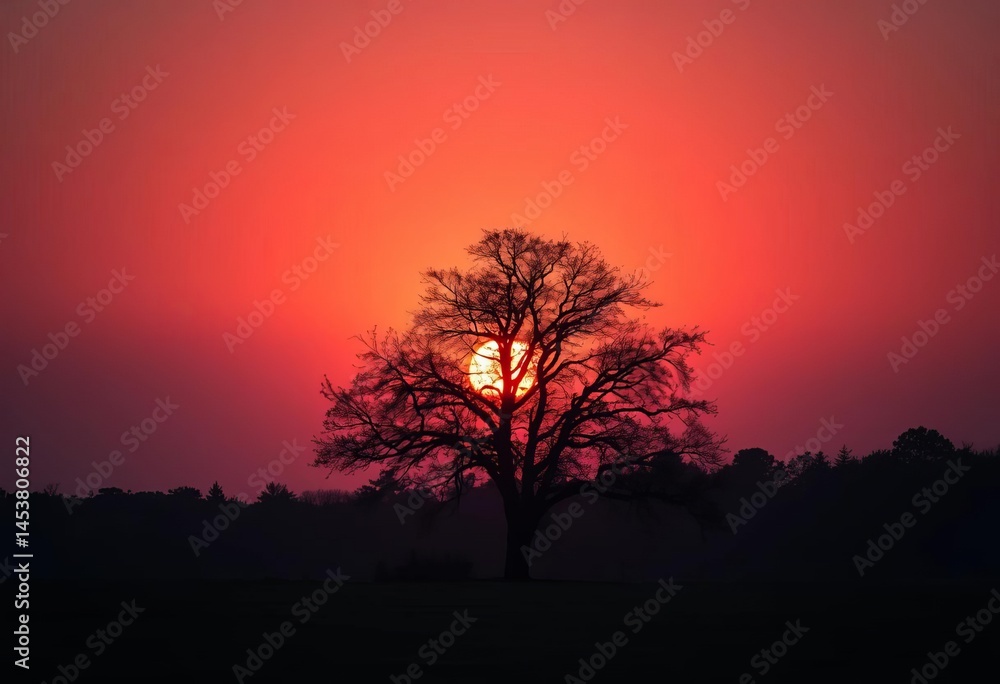 A lone, majestic deciduous tree stands silhouetted against a vibrant sunset, season, autumn A lone, majestic deciduous tree stands silhouetted against a vibrant sunset, season, autumn