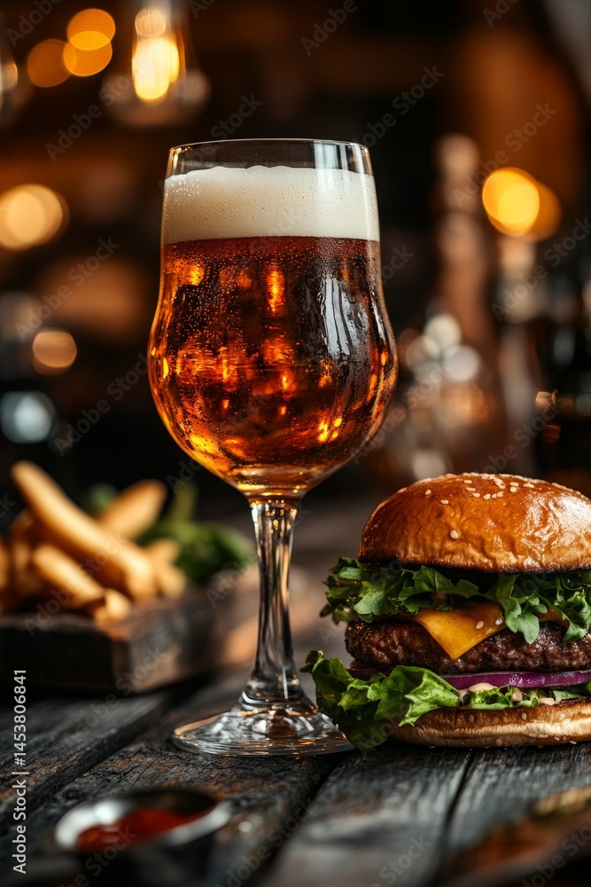 Cold beverage and hearty meal on a wooden table.