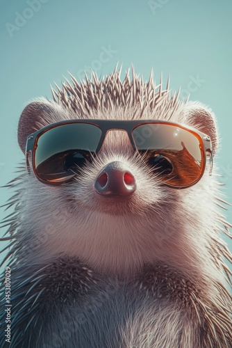 An adorable hedgehog wearing sunglasses for a fun summer photo.