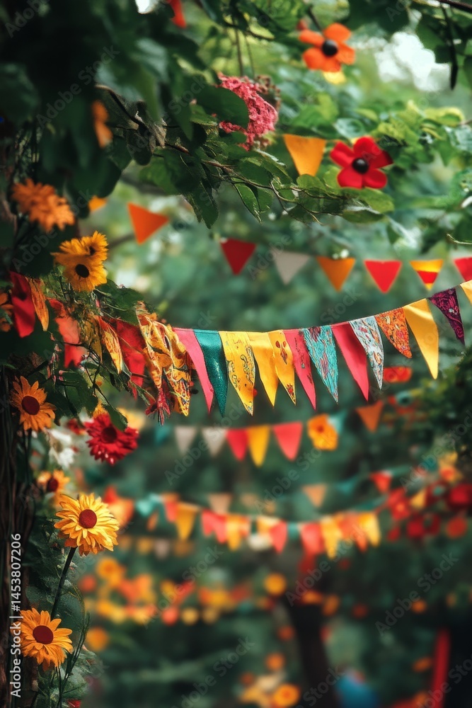Colorful banners and decorations adorning a garden path, evoking festive celebration and joy.
