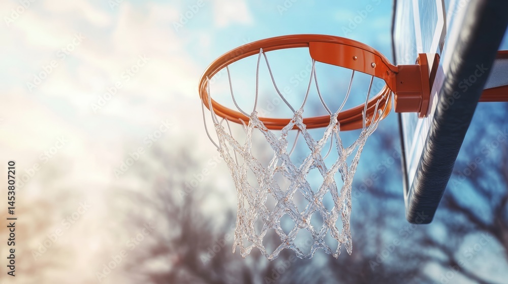 Close-up shot of basketball hoop with net during daytime, suggesting an active game or sport session.