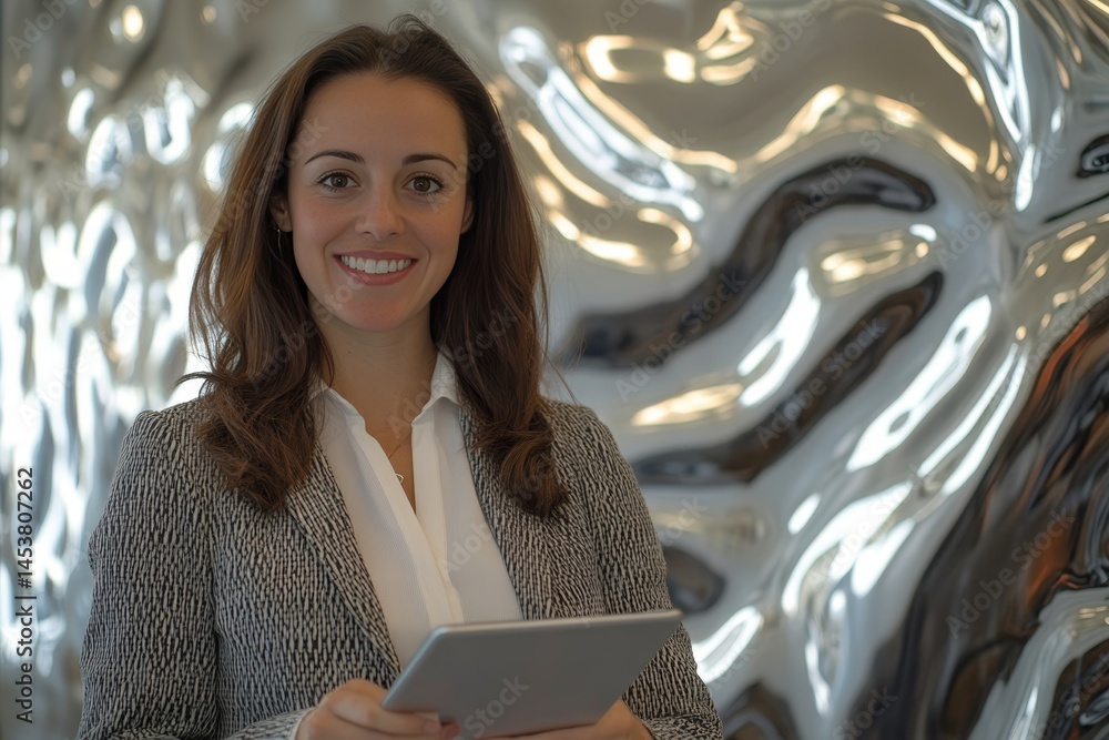 A woman is smiling and holding a tablet. She is wearing a gray and black jacket. Concept of professionalism and confidence