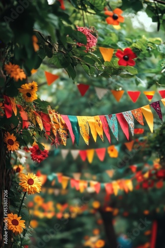 Obraz na płótnie Colorful banners and decorations adorning a garden path, evoking festive celebration and joy. w salonie