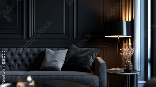 A black couch with pillows and a lamp on a table. The room is dimly lit, giving it a cozy and intimate atmosphere