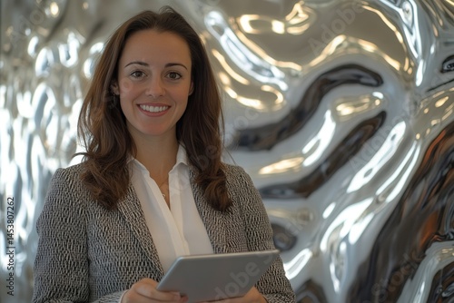 A woman is smiling and holding a tablet. She is wearing a gray and black jacket. Concept of professionalism and confidence