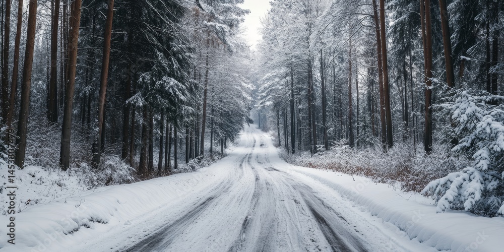 A snowy road with trees in the background. The road is covered in snow and the trees are bare