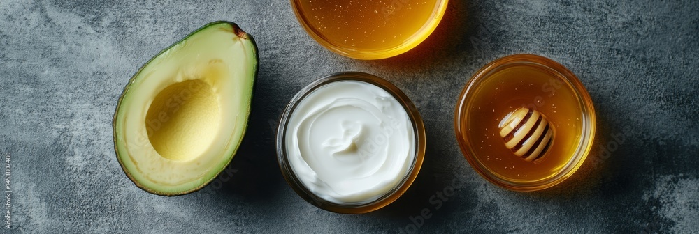 Natural ingredients on wooden surface.