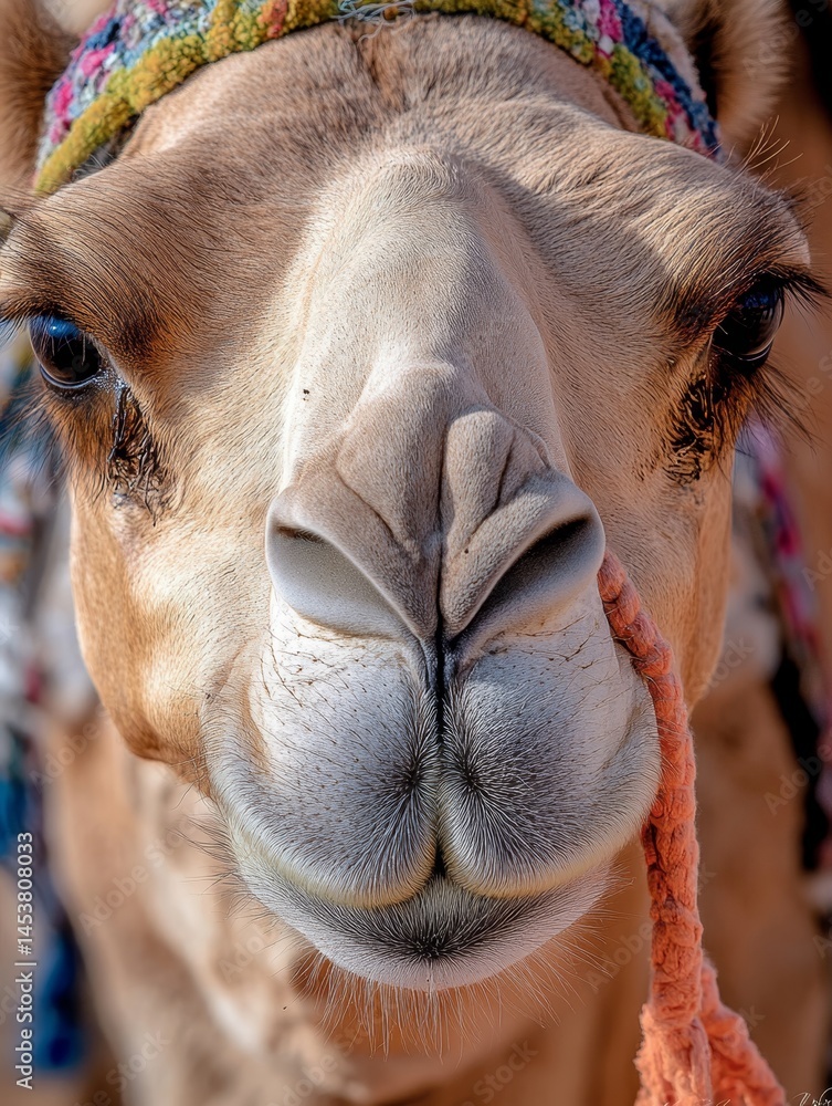 Camel with intricate bridle worn, suggesting cultural significance or ceremonial purpose. Eyes and nostrils clearly visible.