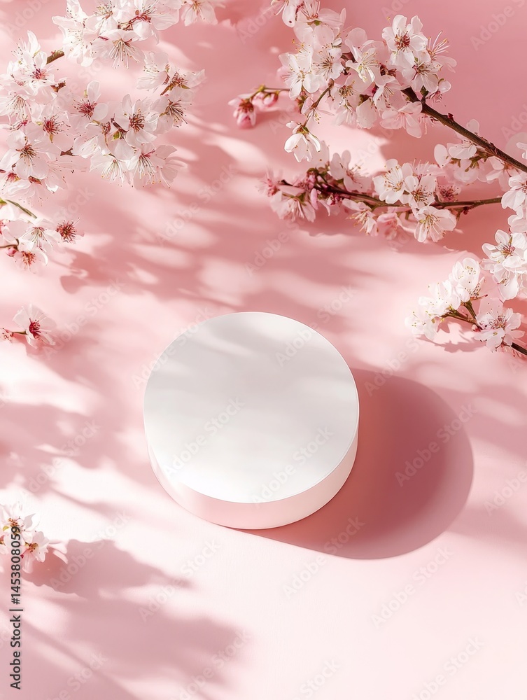 Product on pink surface with shadow. Blossoms in background.